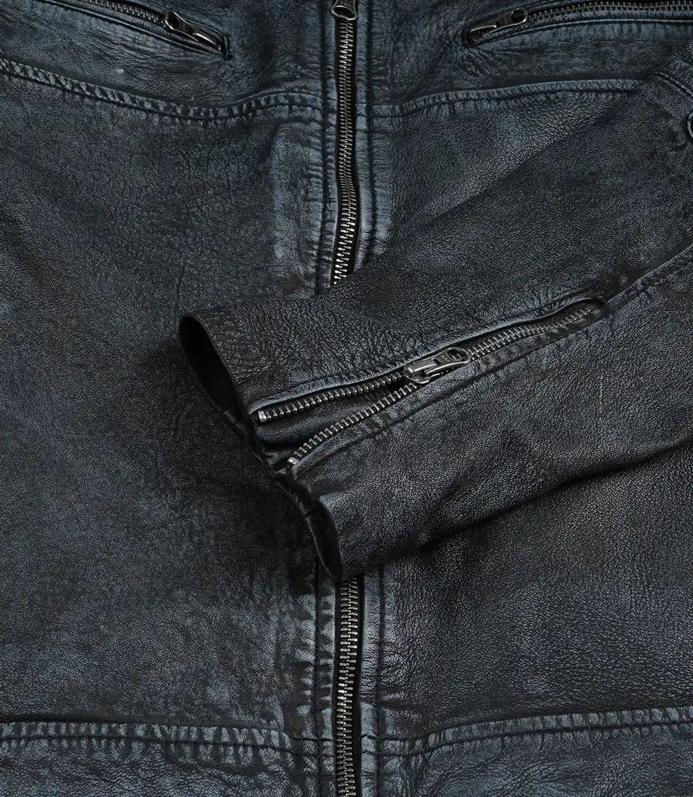 Men's Distressed Washed Black Cafe Racer Style Leather Jacket