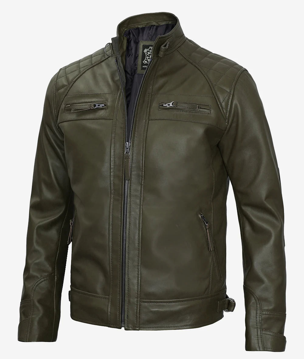 Mens Quilted Shoulder Military Green Cafe Racer Leather Jacket Max Jackets