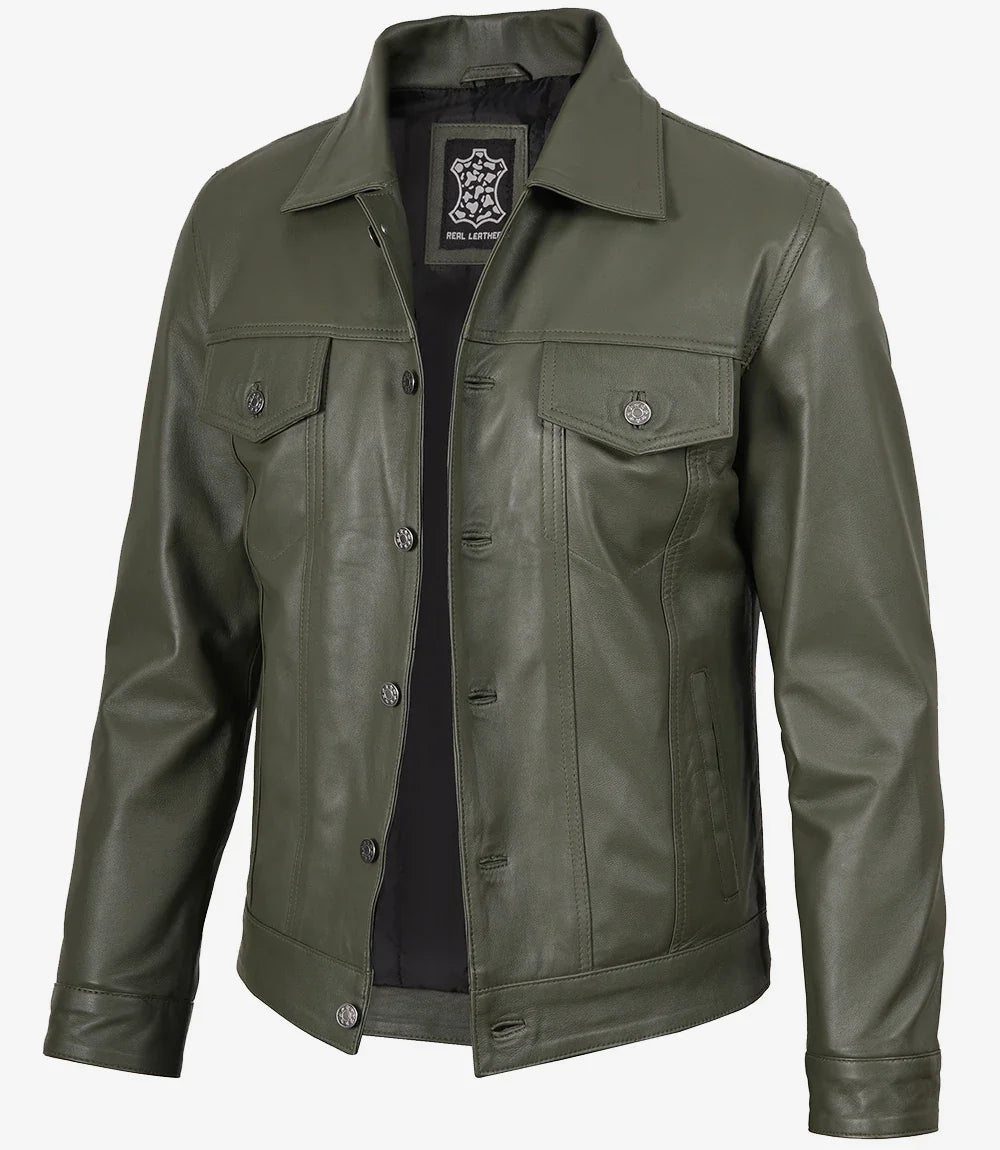 Men's Olive Green Real Leather Trucker Jacket
