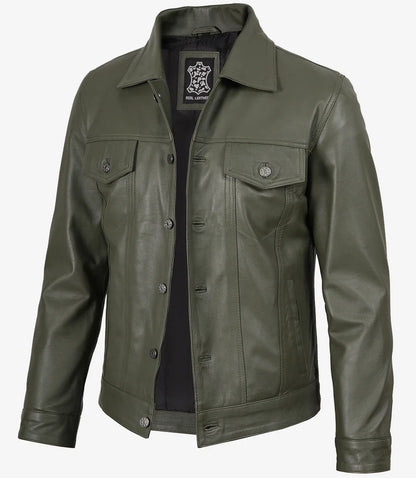 Men's Olive Green Real Leather Trucker Jacket