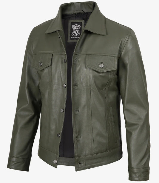 Men's Olive Green Real Leather Trucker Jacket