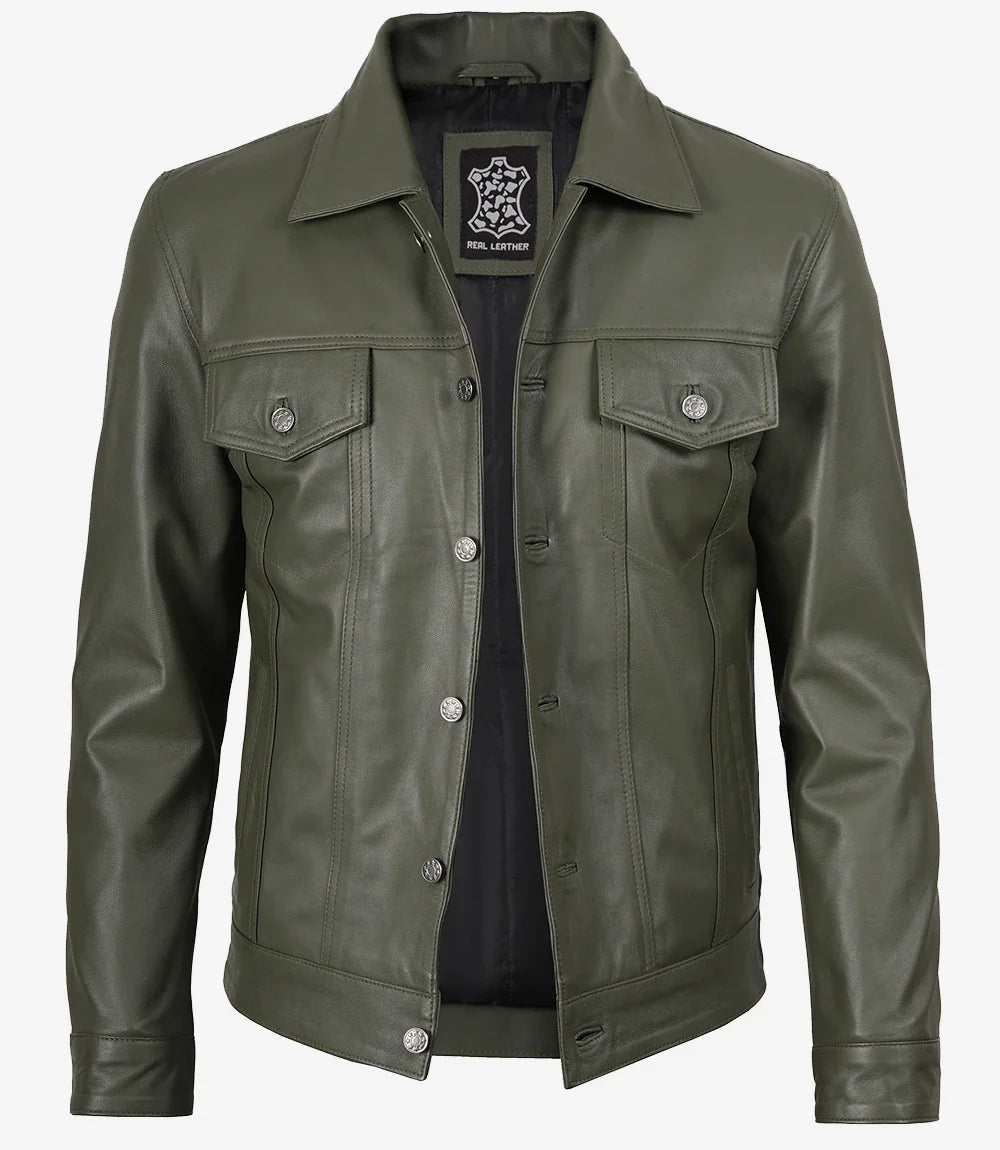 Men's Olive Green Real Leather Trucker Jacket
