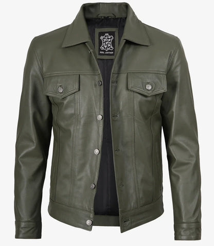 Men's Olive Green Real Leather Trucker Jacket