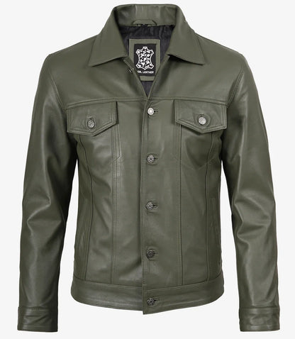 Men's Olive Green Real Leather Trucker Jacket