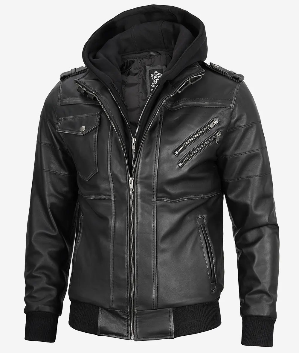 Edinburgh Men's Grey Leather Bomber Jacket With Removable Hood