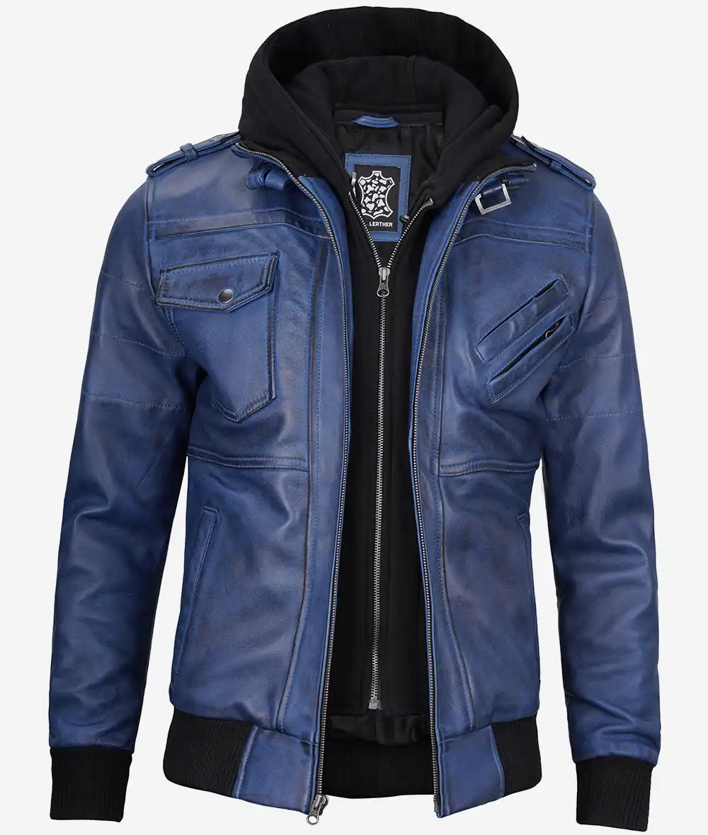 Men's Blue Wax Leather Bomber Jacket With Removable Hood