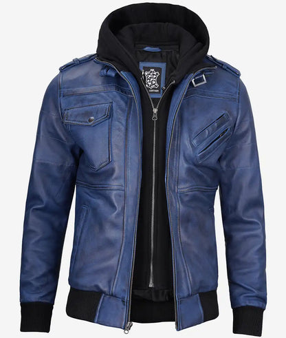 Men's Blue Wax Leather Bomber Jacket With Removable Hood