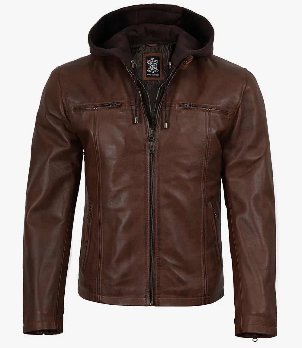Mens Cognac Wax Cafe Racer Style Leather Jacket with Removable Hood