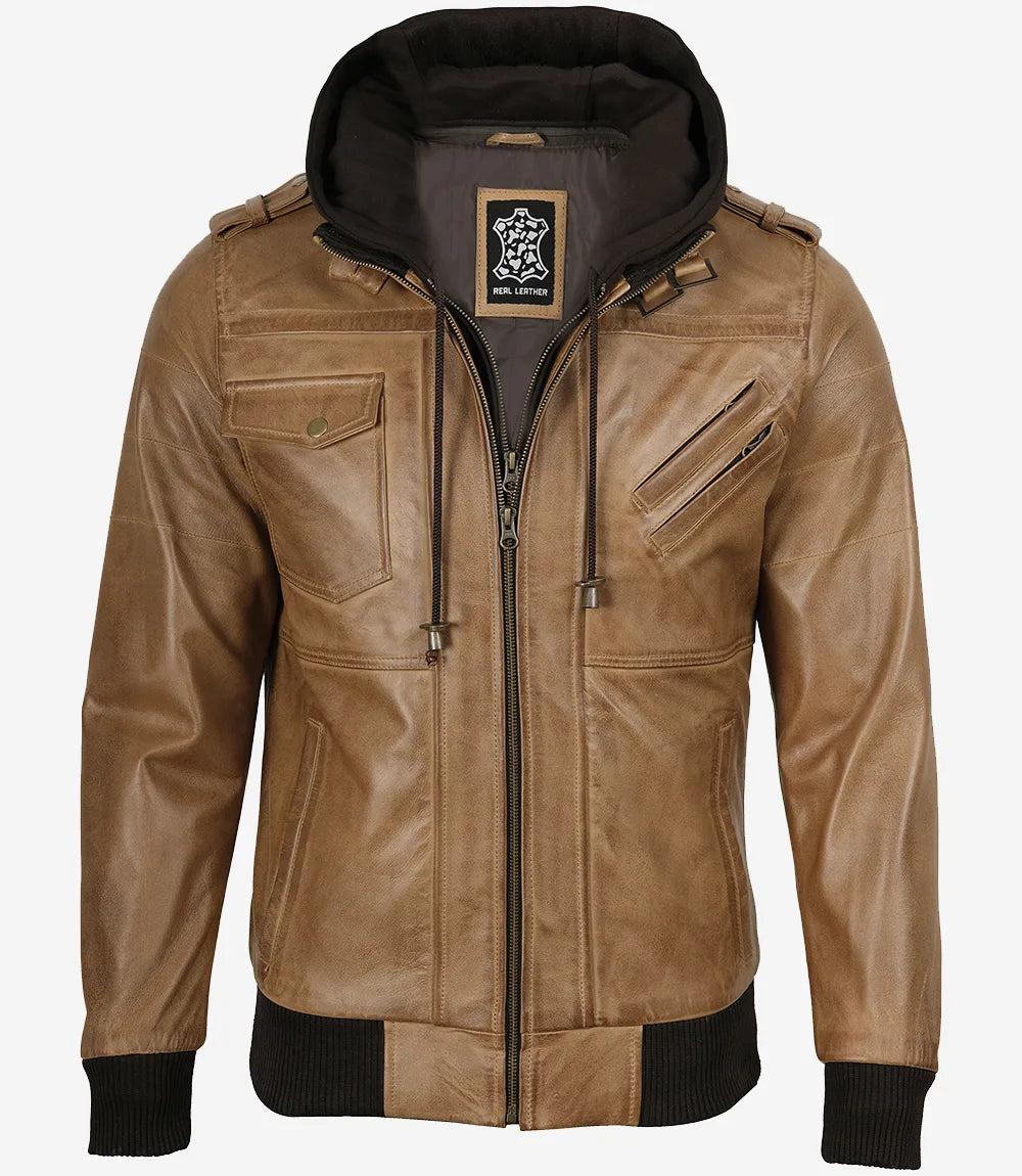 Men's Camel Brown Lambskin Bomber Jacket with Removable Hood