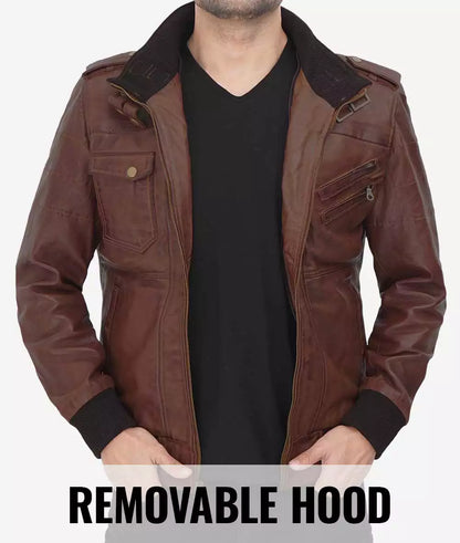 Men's Tall Dark Brown Bomber Leather Jacket with Removable Hood