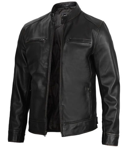 Dodge Men's Black Leather Cafe Racer Jacket Max Jackets