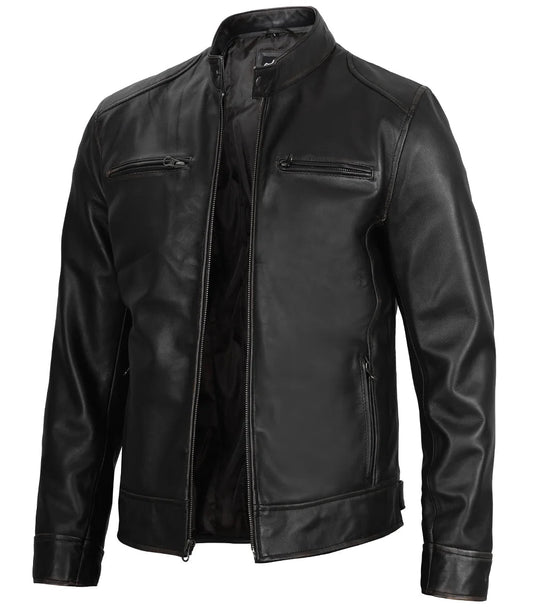 Dodge Men's Black Leather Cafe Racer Jacket Max Jackets