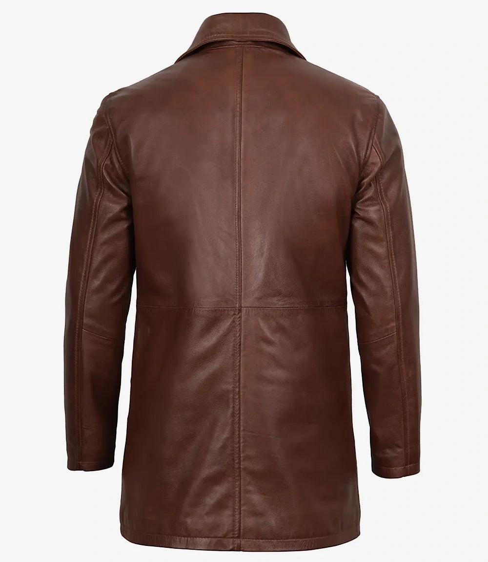 Men's Cognac Brown Leather Car Coat – 3/4 Length