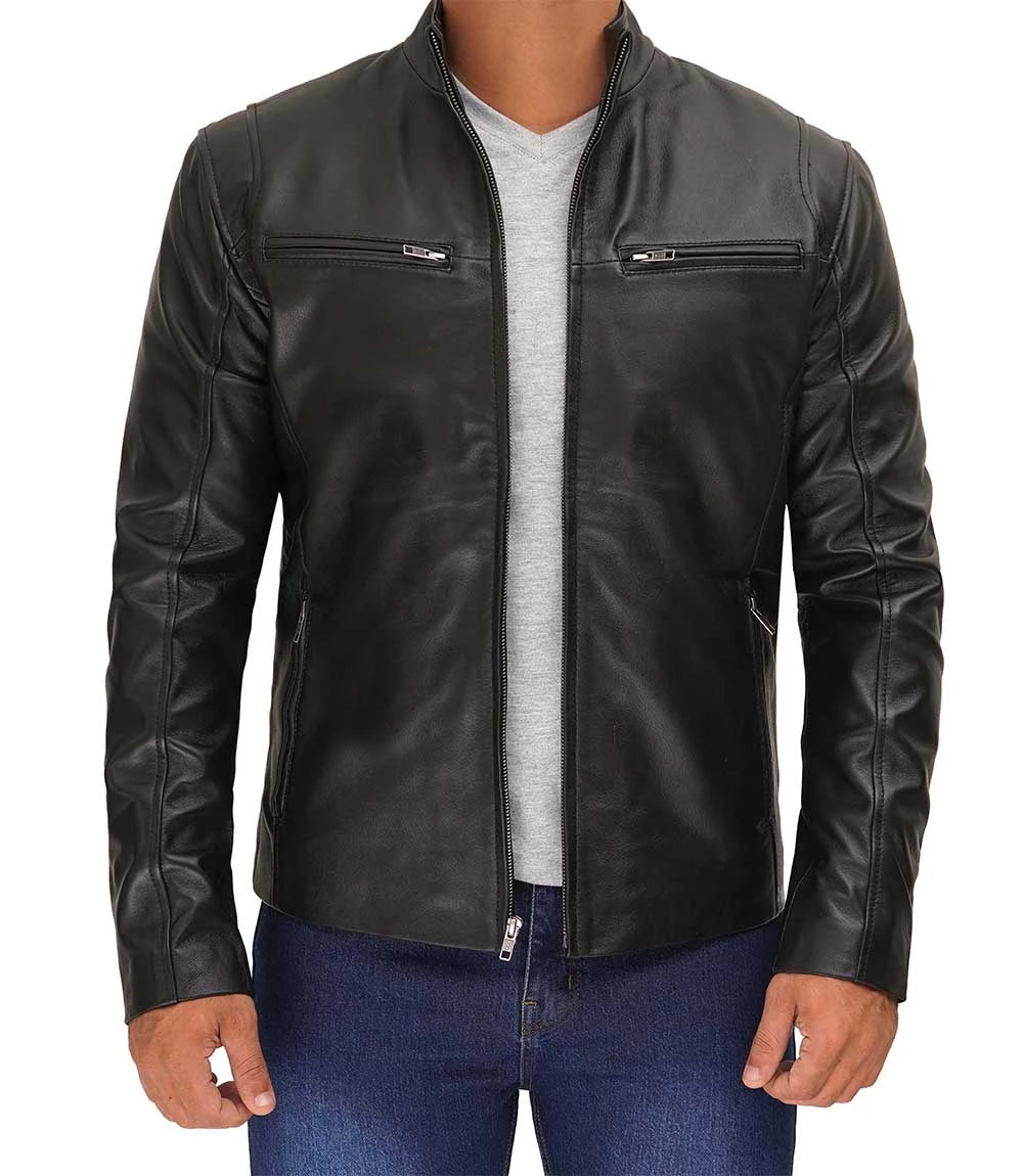 Mens Classic Black Cafe Racer Leather Jacket Max Jackets