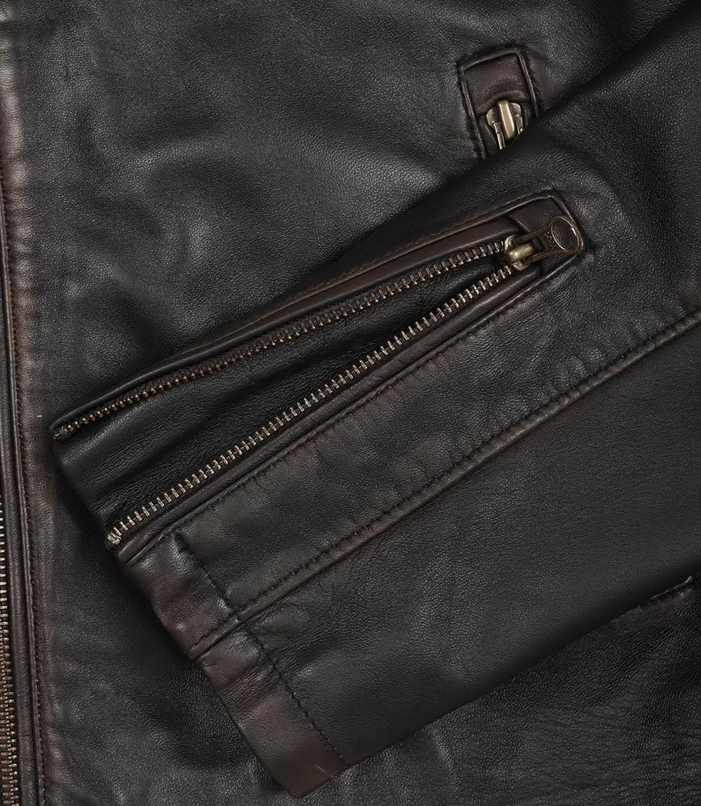 Men's Dark Brown Rub-Off Lambskin Cafe Racer Jacket with Tan Stripes