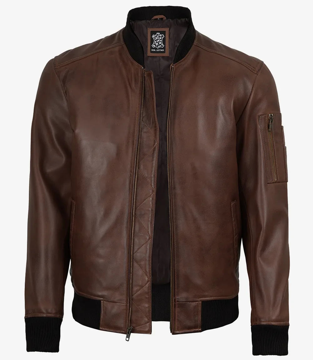 Men's Cognac Brown Lambskin Leather Bomber Jacket with Wax Finish