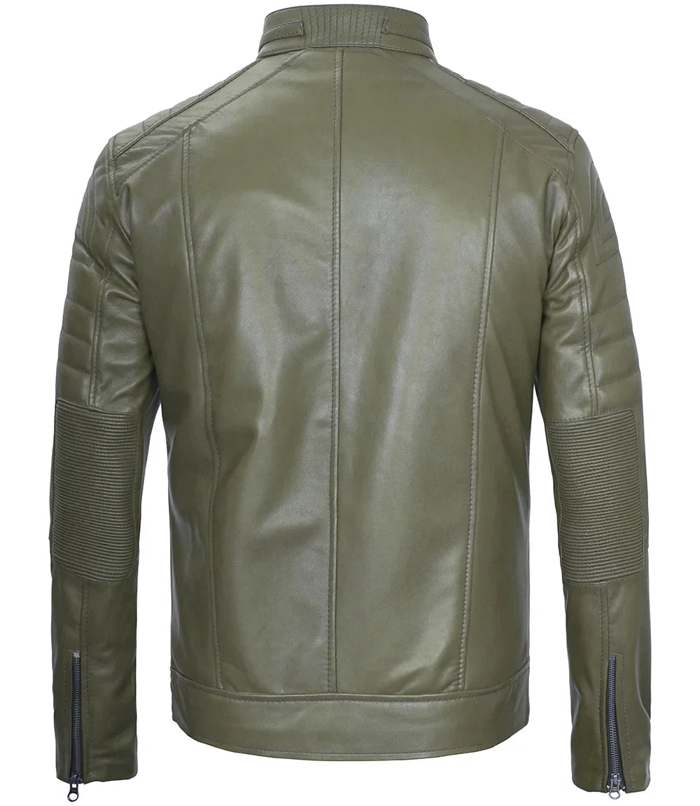 Men Cafe Racer Dark Green Real Leather Jacket