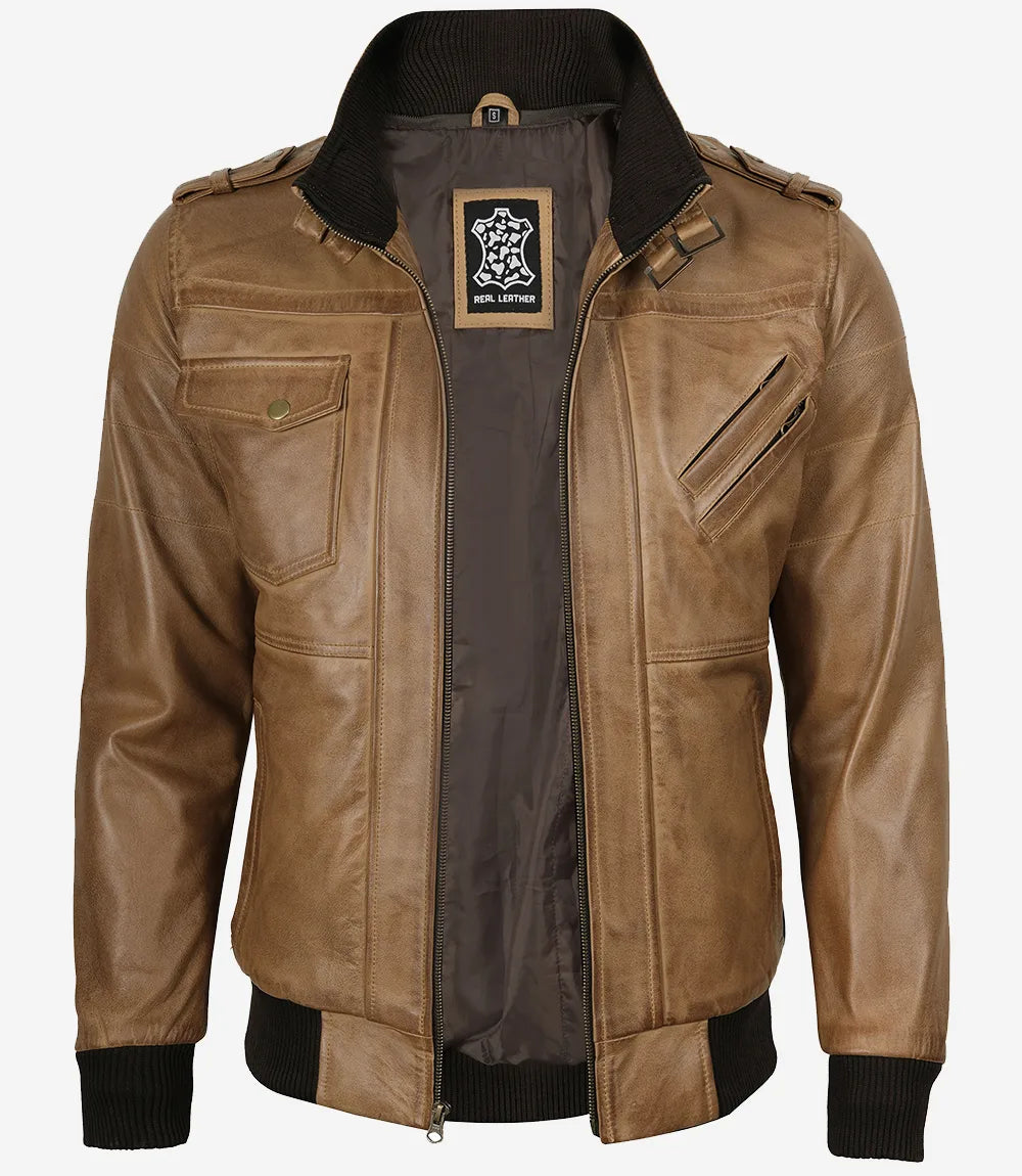 Men's Camel Brown Lambskin Bomber Jacket with Removable Hood