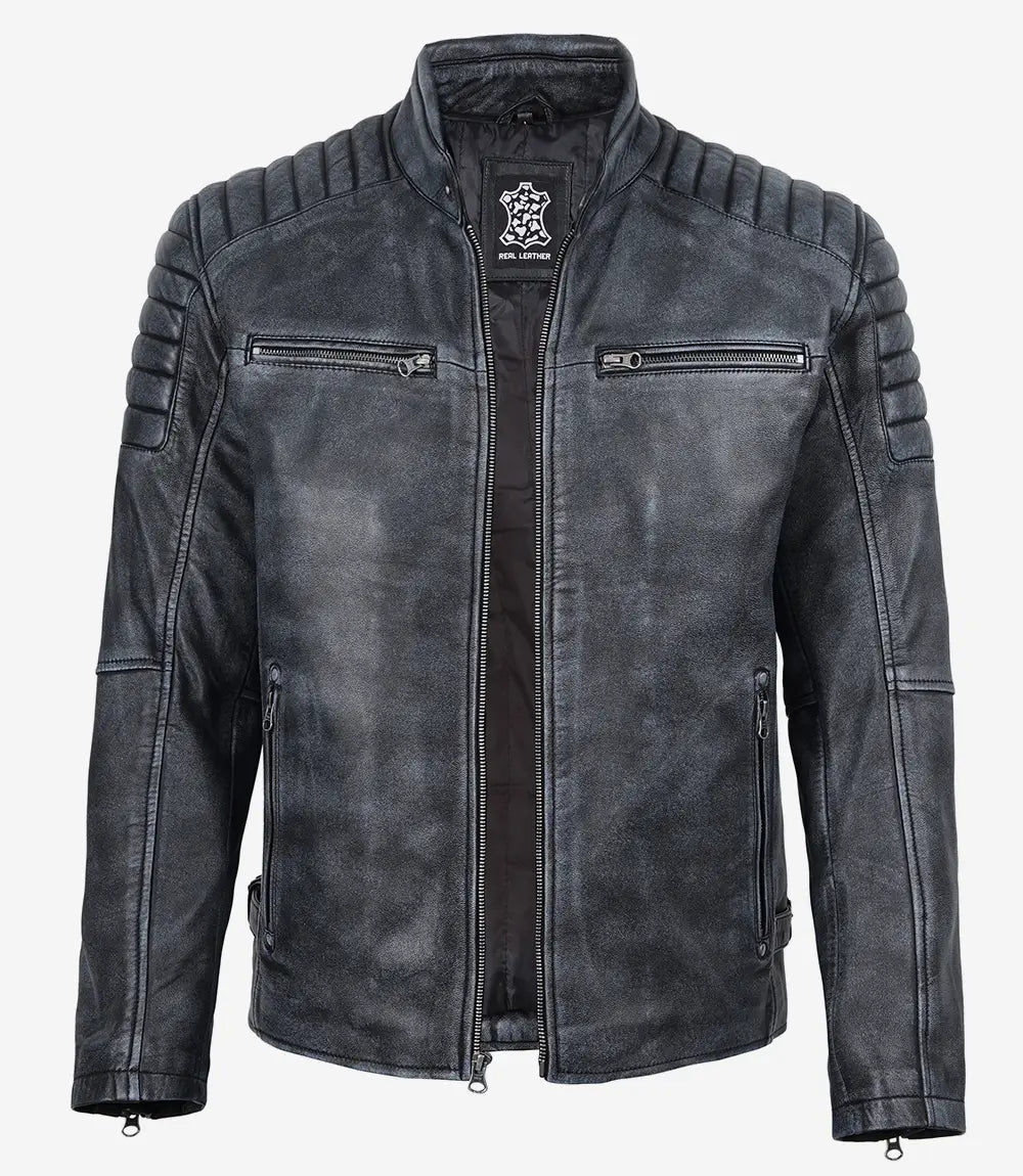 Men’s Black Washed Biker Style Leather Jacket
