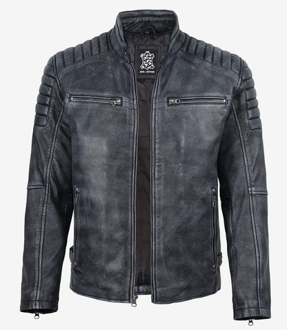 Men’s Black Washed Biker Style Leather Jacket