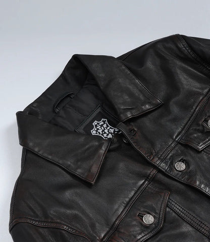Men's Maroon Distressed Black-Washed Lambskin Trucker Jacket