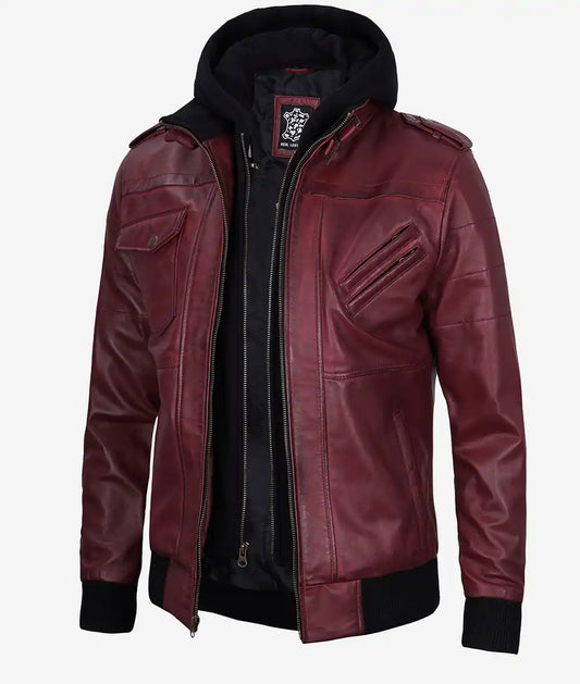 Men's Maroon Bomber Leather Jacket With Removable Hood