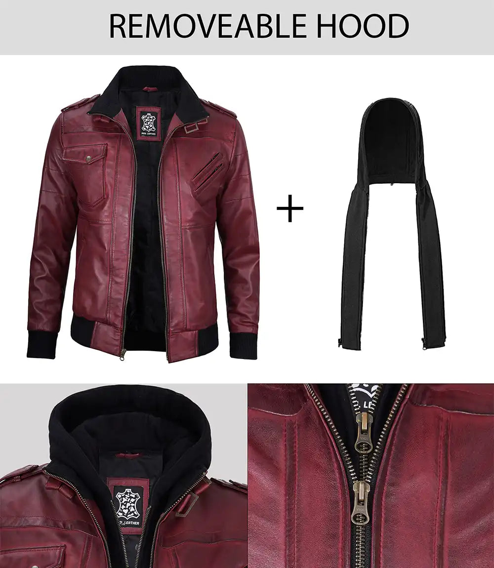 Men's Maroon Bomber Leather Jacket With Removable Hood