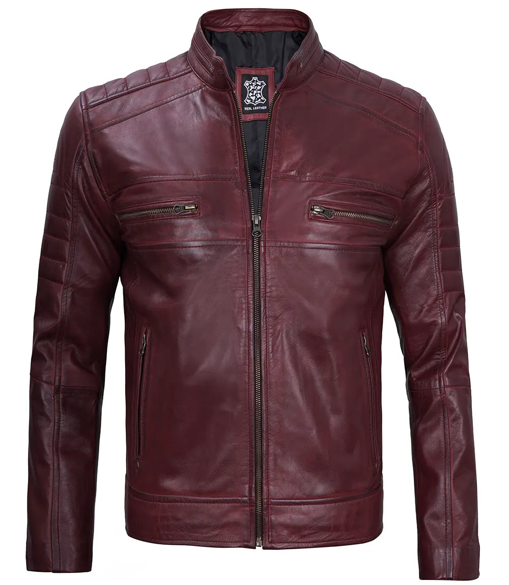 Men's Maroon Leather Cafe Racer Motorcycle Jacket Max Jackets