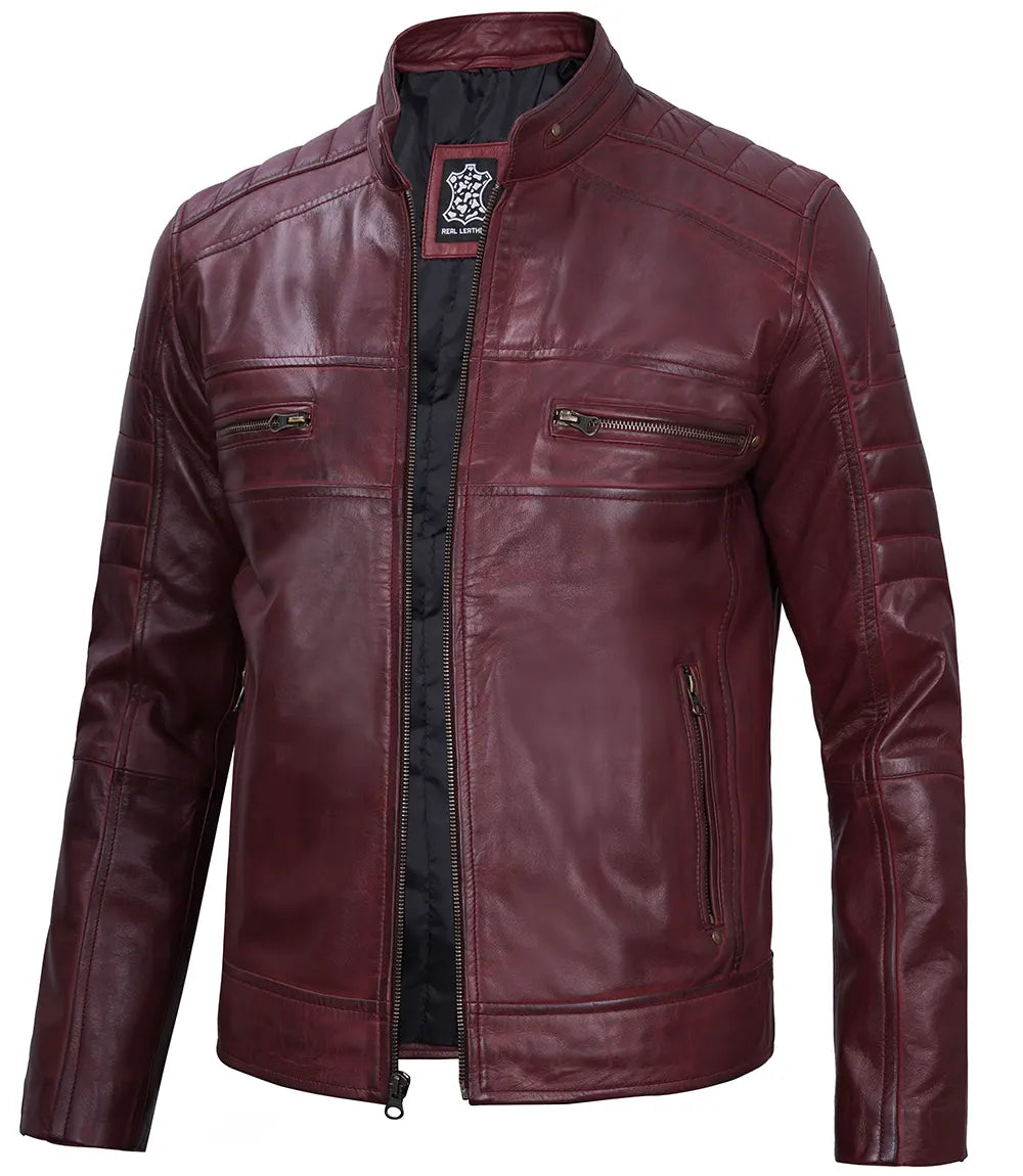 Men's Maroon Leather Cafe Racer Motorcycle Jacket Max Jackets