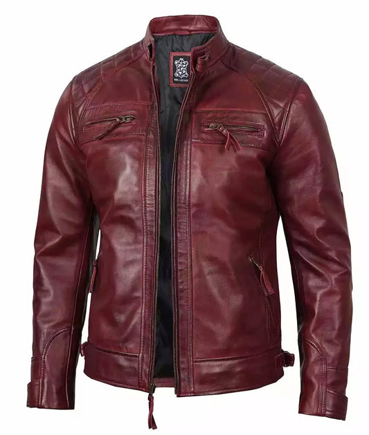 Mens Real Leather Burgundy Biker Jacket - Quilted Shoulder