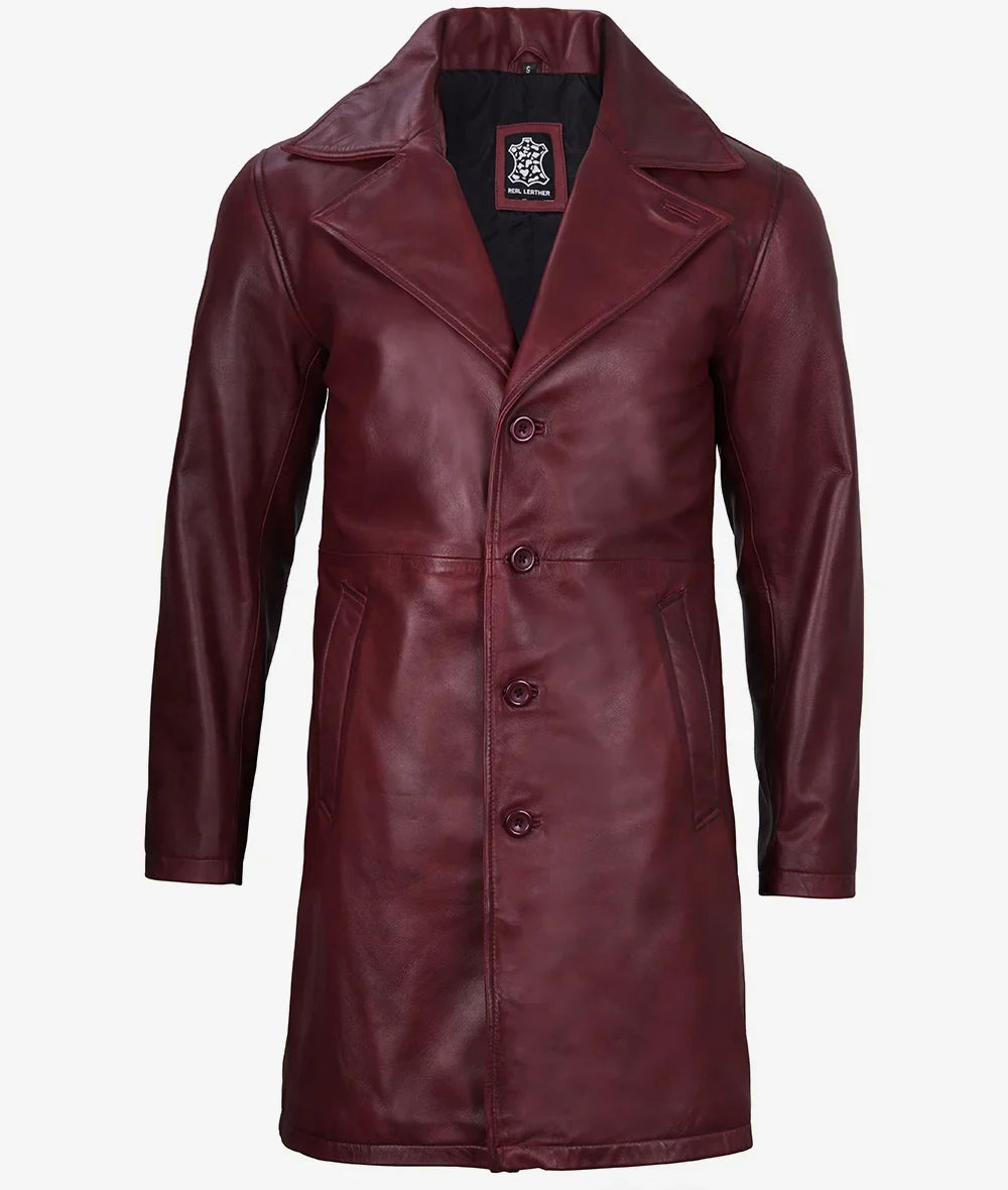 Mens Real Leather 3/4 Length Maroon Coat