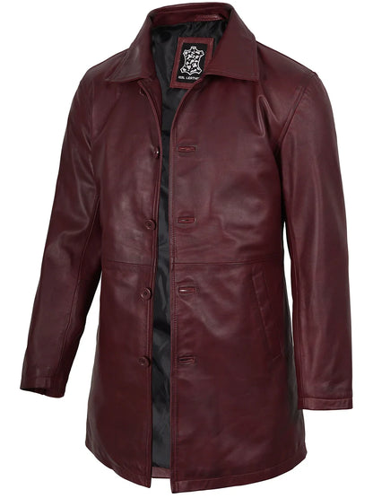 Mens Burgundy Real Lambskin Leather Car Coat