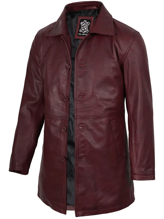 Mens Burgundy Real Lambskin Leather Car Coat