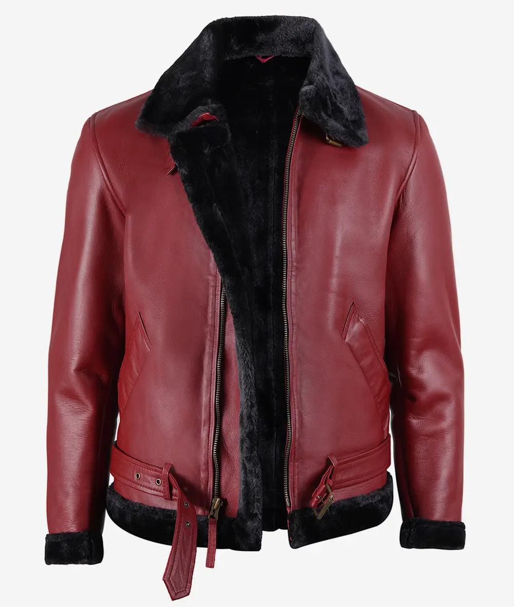 Men's Maroon Leather Shearling Bomber Jacket Max Jackets