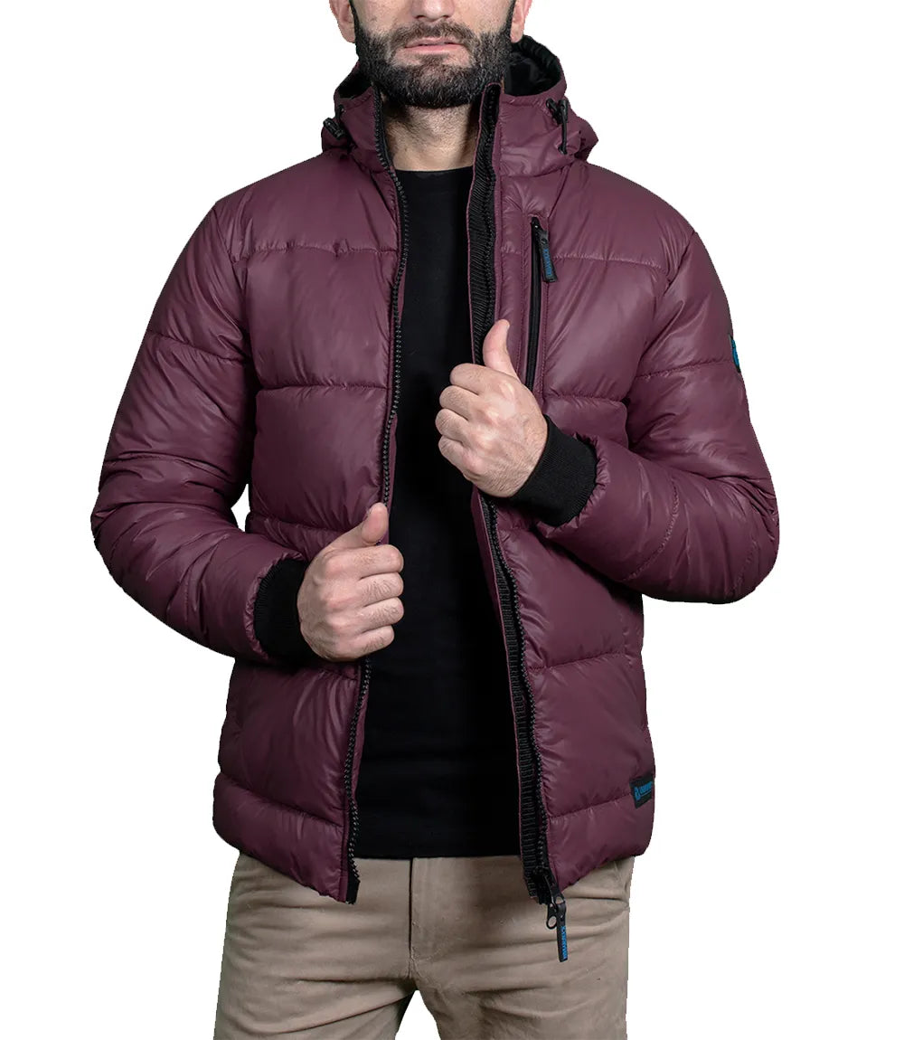 Men's Maroon Hooded Puffer Jacket Max Jackets