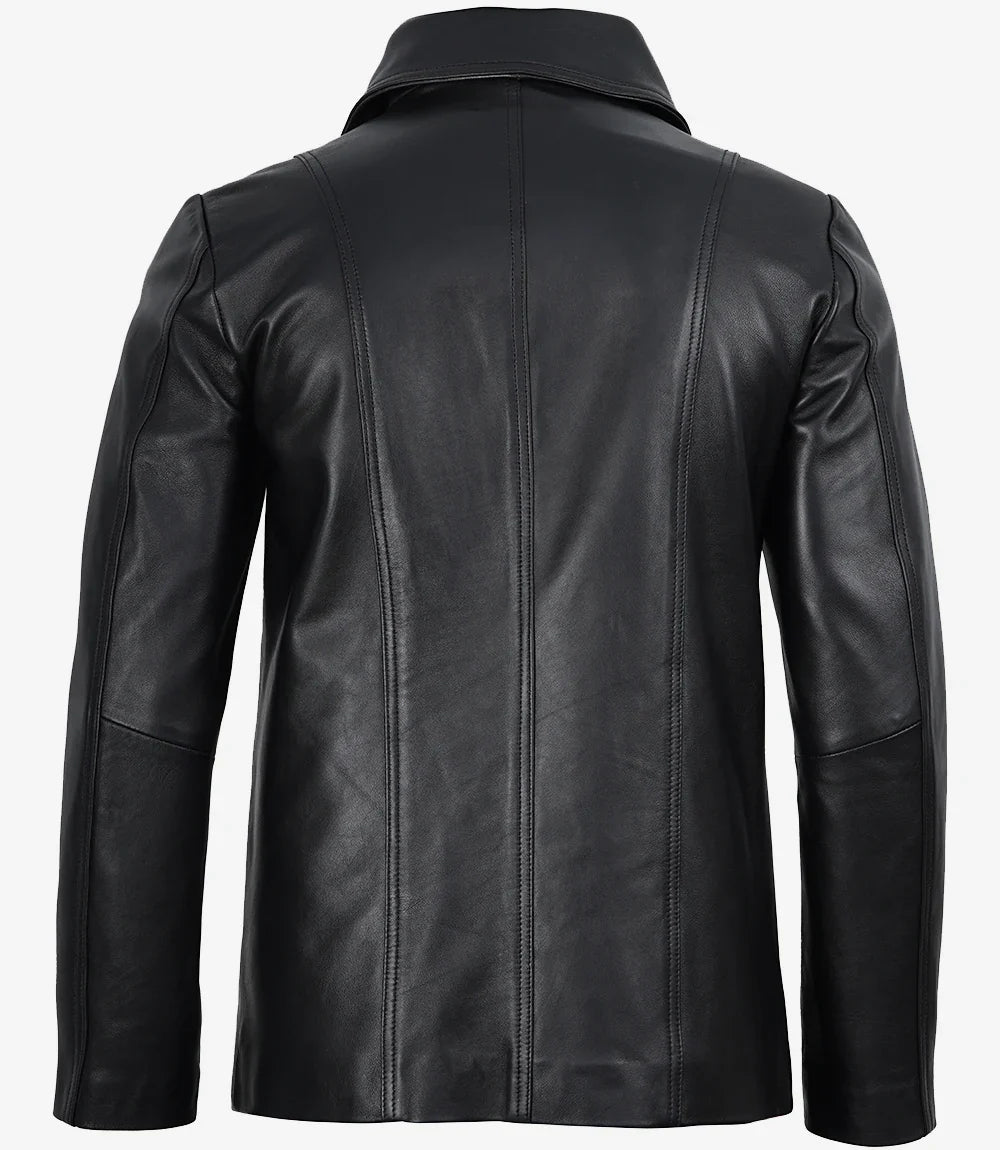 Mens Real Leather 2 Button Black Leather Blazer - Notch Lapel