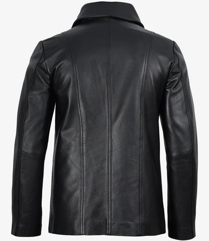 Mens Real Leather 2 Button Black Leather Blazer - Notch Lapel