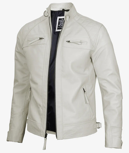 Men's Off White Biker Style Leather Jacket - Quilted Shoulder