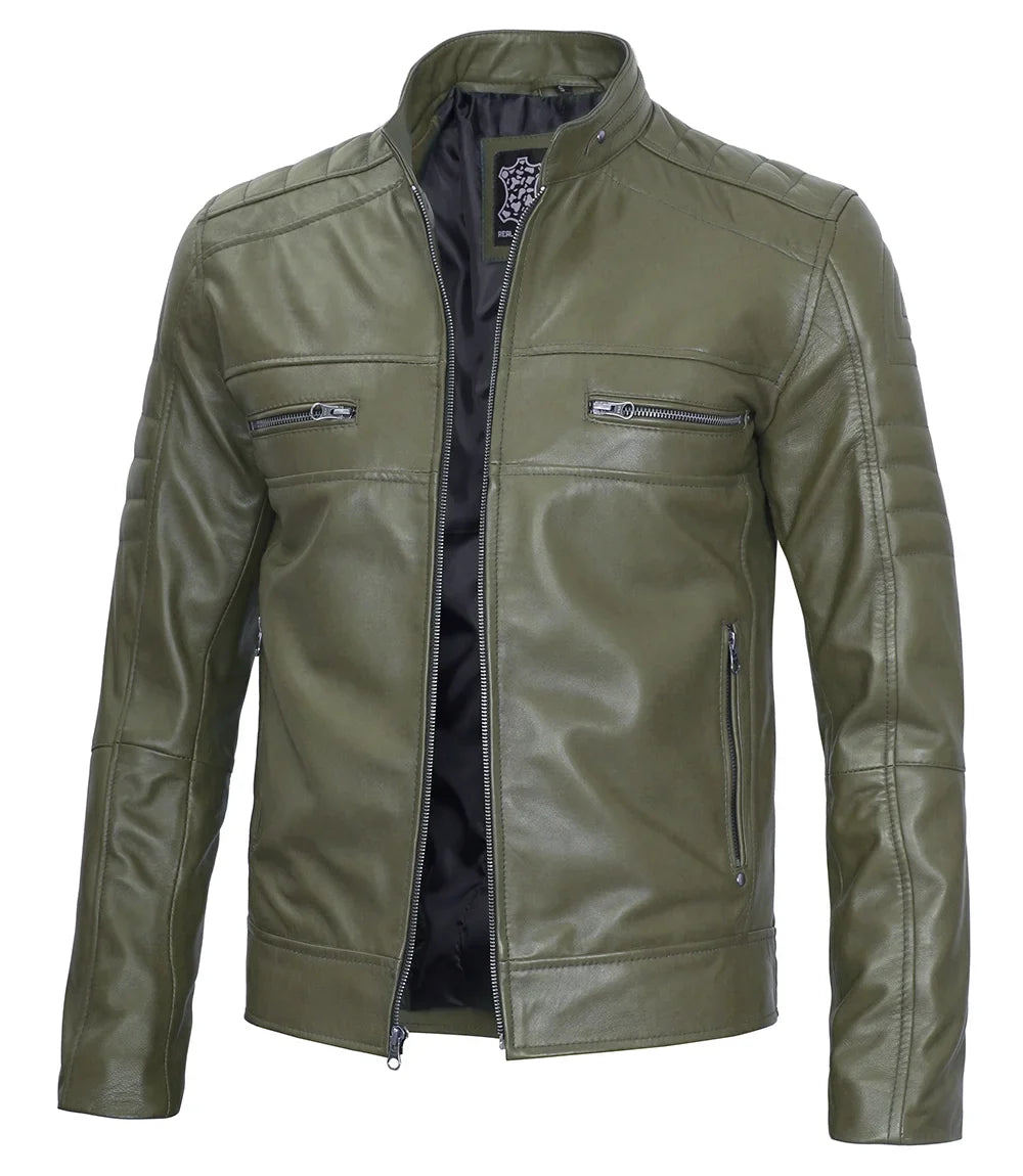 Men Cafe Racer Dark Green Real Leather Jacket