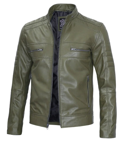 Men Cafe Racer Dark Green Real Leather Jacket