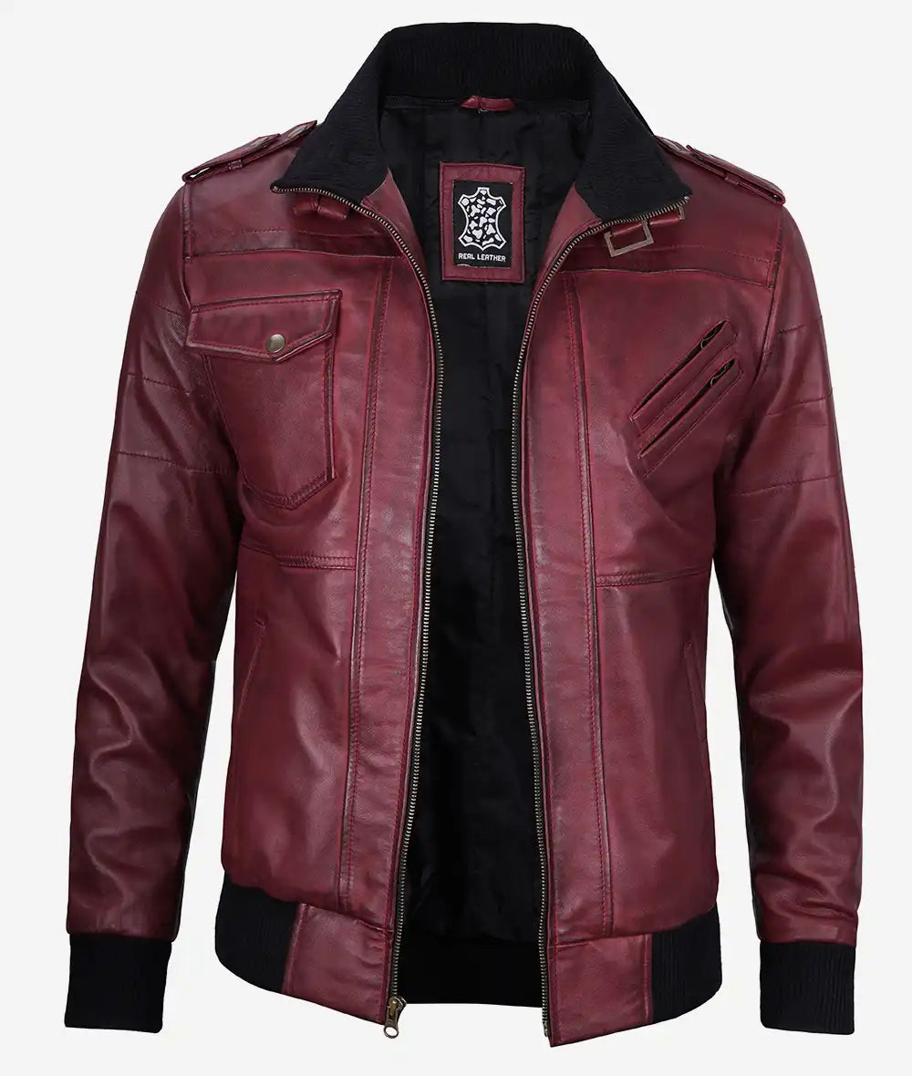 Men's Maroon Bomber Leather Jacket With Removable Hood