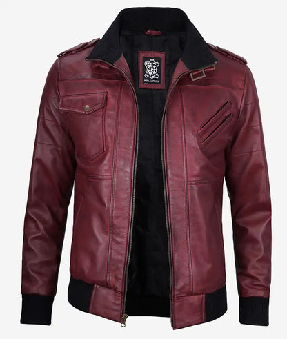 Men's Maroon Bomber Leather Jacket With Removable Hood