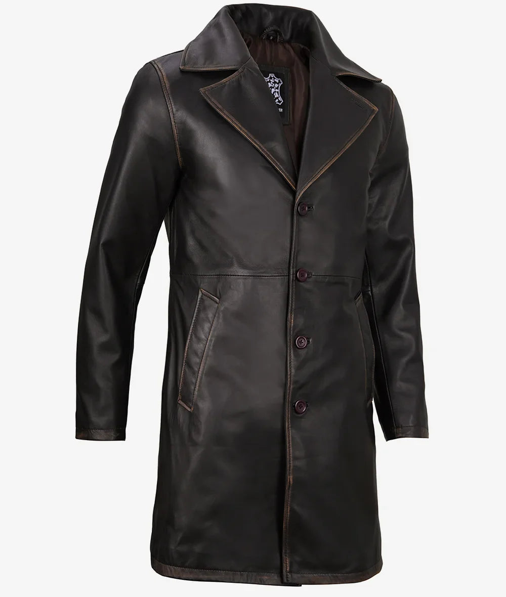 Mens Real Leather Distressed Brown Car Coat