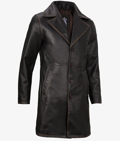 Mens Real Leather Distressed Brown Car Coat