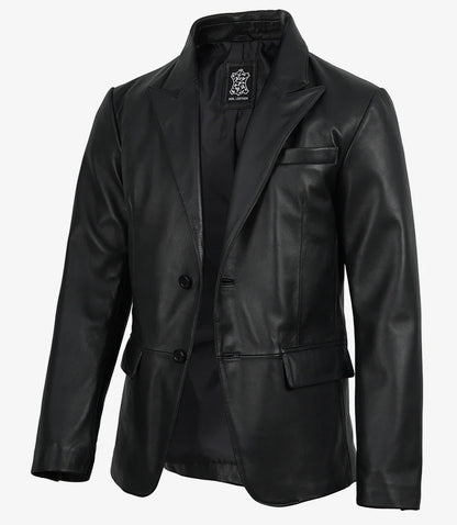 Men's Black Real Lambskin Leather Blazer – Peak Lapel Tailored Fit