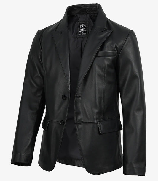 Men's Black Real Lambskin Leather Blazer – Peak Lapel Tailored Fit