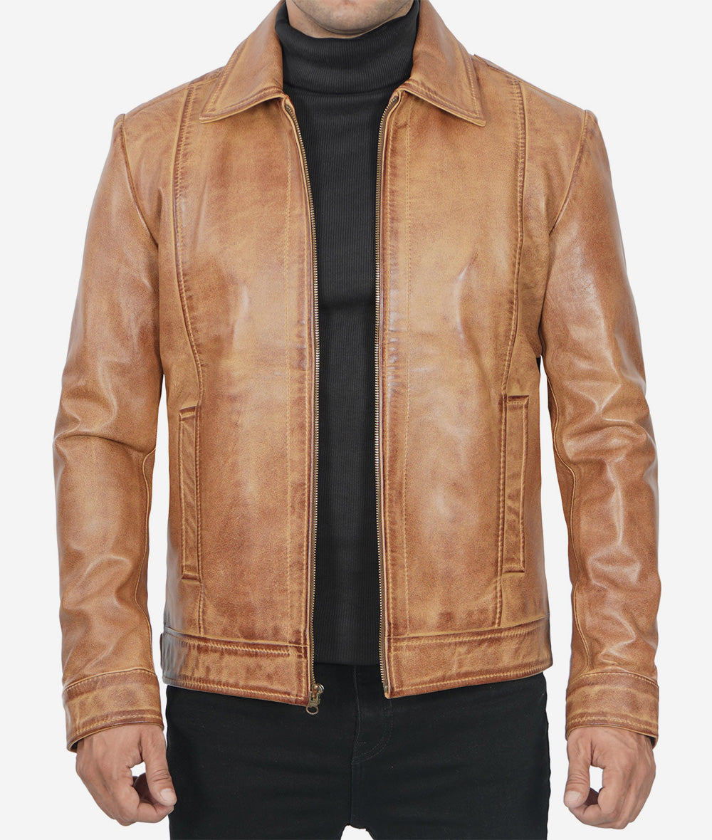 Mens Shirt Collar Leather Jacket Brown Max Jackets