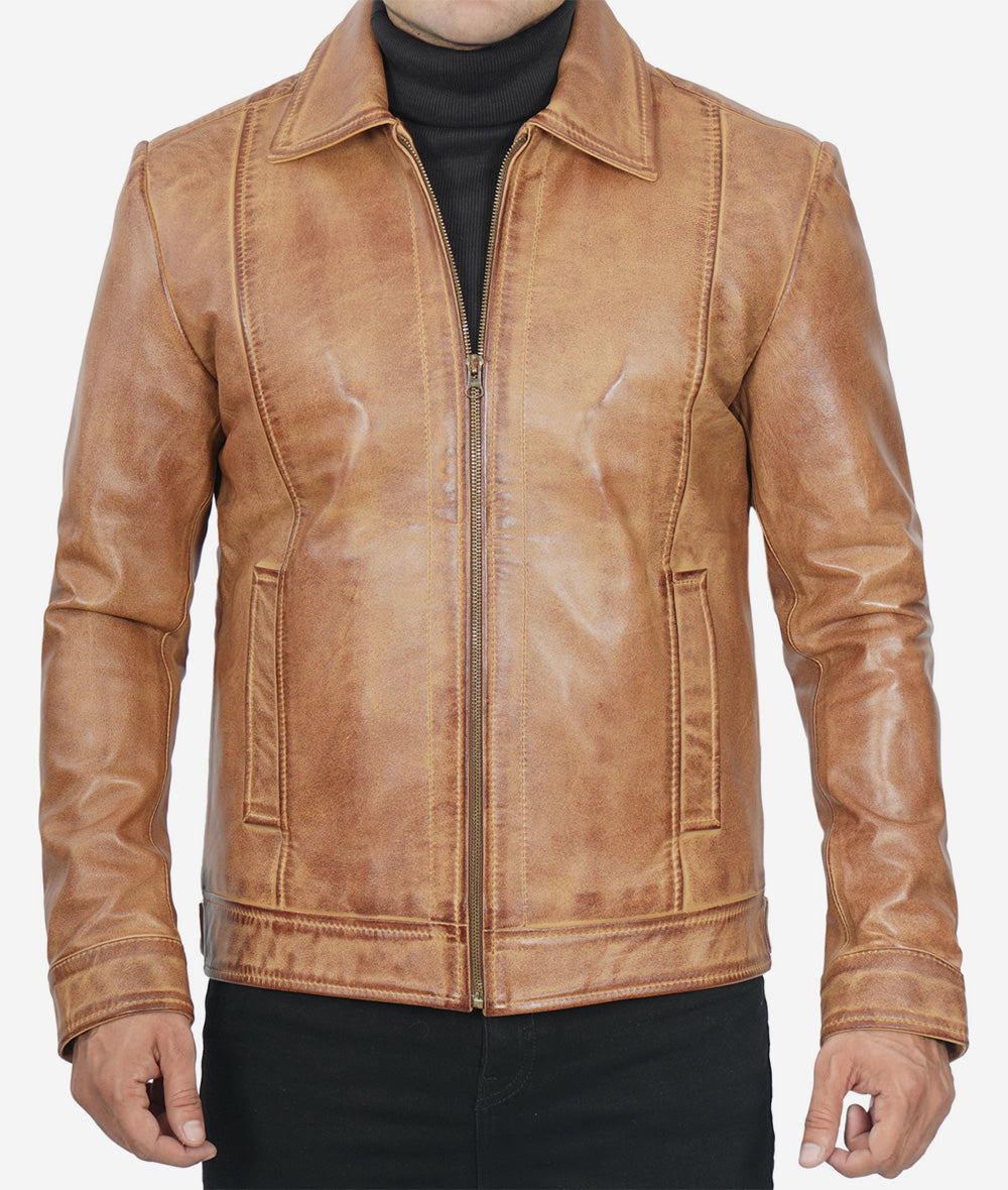 Mens Shirt Collar Leather Jacket Brown Max Jackets