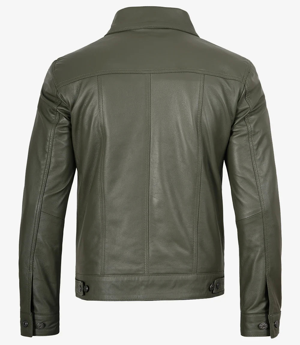 Men's Olive Green Real Leather Trucker Jacket