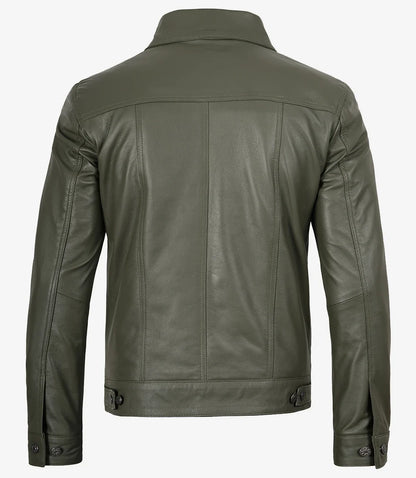 Men's Olive Green Real Leather Trucker Jacket